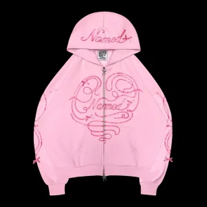 LUST RIBBON ZIP HOODIE BABY PINK