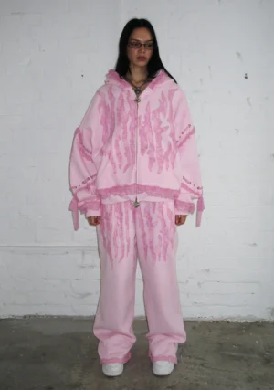 Bad Romance Lace Ribbon Oversized Sweatpants Baby Pink-1