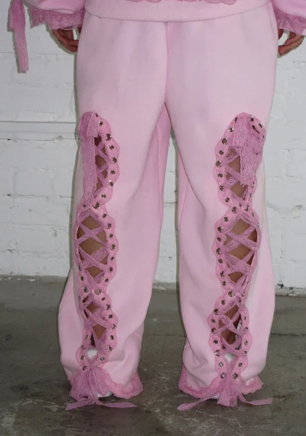 Bad Romance Lace Ribbon Oversized Sweatpants Baby Pink-4