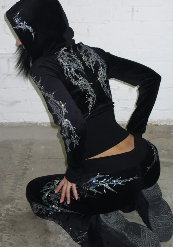 Curse Rhinestone Velour Sweatpants Black-2