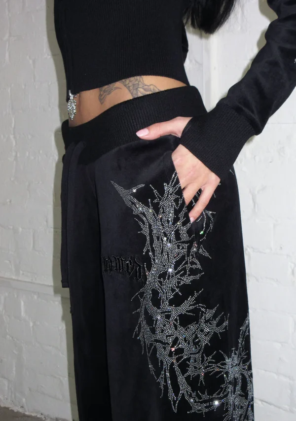 Curse Rhinestone Velour Sweatpants Black-3