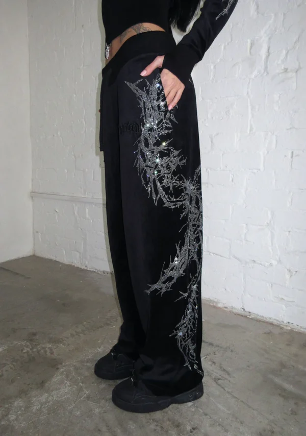 Curse Rhinestone Velour Sweatpants Black-5