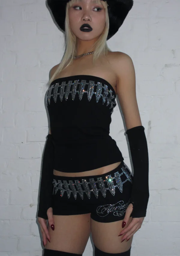 Enemy Rhinestone Micro Hotpant Shorts Black-3