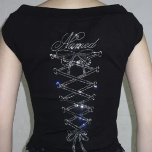 Named Collective Confessions Rhinestone Off Shoulder Black Top