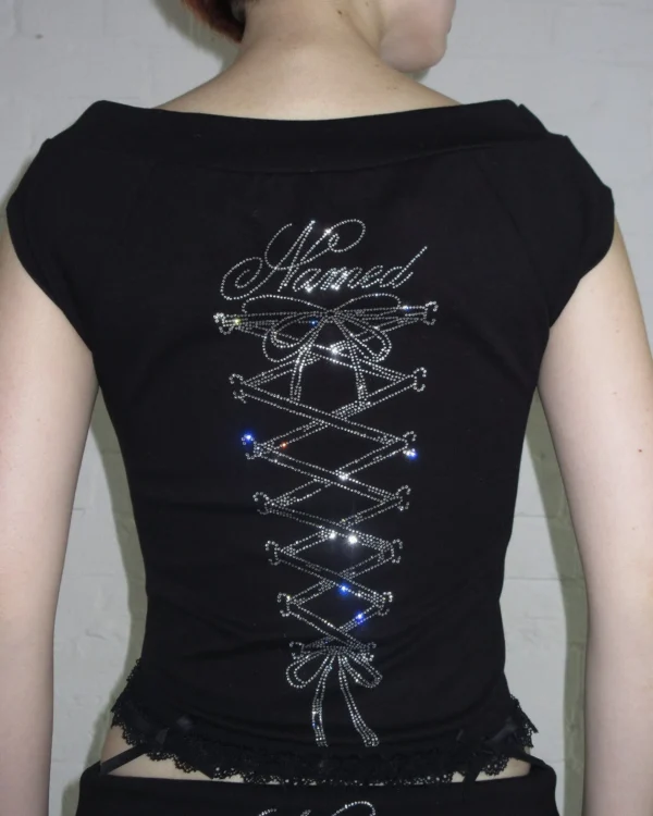Named Collective Confessions Rhinestone Off Shoulder Black Top