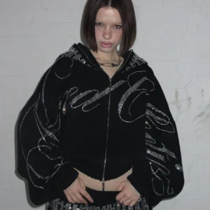 Named Collective Enemy Rhinestone Crop Zip Hoodie Black