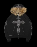Named Collective Feral Faux Fur Studded Zip (Detachable Fur) Black Hoodie