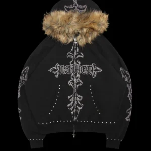 Named Collective Feral Faux Fur Studded Zip (Detachable Fur) Black Hoodie