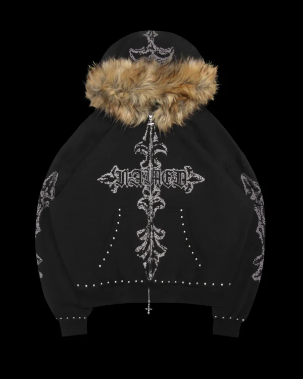 Named Collective Feral Faux Fur Studded Zip (Detachable Fur) Black Hoodie