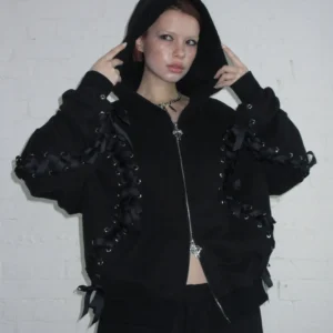 Named Collective Ghost Lace Up Corset Zip Black Hoodie