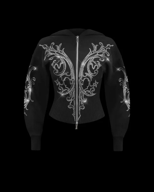 Named Collective Nocturnal Rhinestone Fitted Waist Zip Black Hoodie