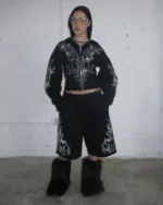 Named Collective Nocturnal Rhinestone Fitted Waist Zip Black Hoodie