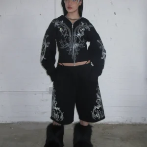 Named Collective Nocturnal Rhinestone Fitted Waist Zip Black Hoodie