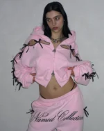 Named Collective Princ355 Ribbon Crop Zip Baby Pink Hoodie