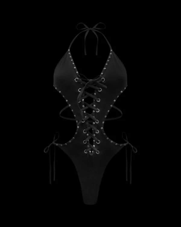Named Collective Vendetta Studded Lace Up Black Swimsuit