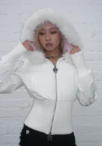 Fallen Faux Fur Reversible Rib Puffer Jacket Baby Pink And White-2