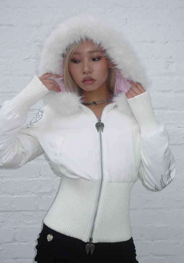 Fallen Faux Fur Reversible Rib Puffer Jacket Baby Pink And White-2