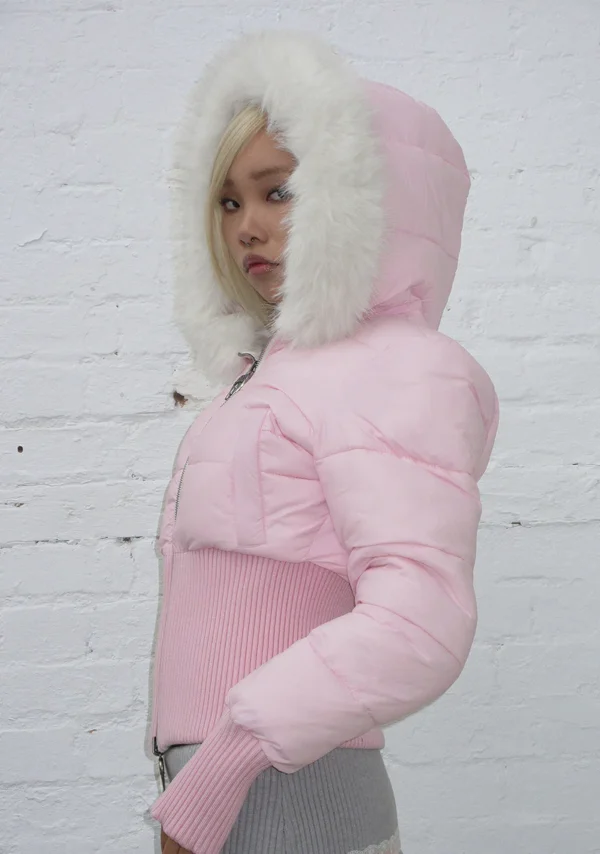 Fallen Faux Fur Reversible Rib Puffer Jacket Baby Pink And White-4