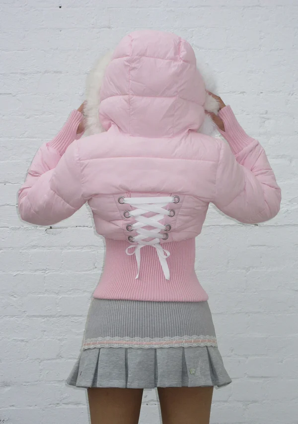Fallen Faux Fur Reversible Rib Puffer Jacket Baby Pink And White-5