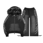 Fallen Faux Fur Rhinestone Washed Black (Detachable Fur) Tracksuit