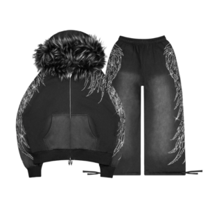 Fallen Faux Fur Rhinestone Washed Black (Detachable Fur) Tracksuit