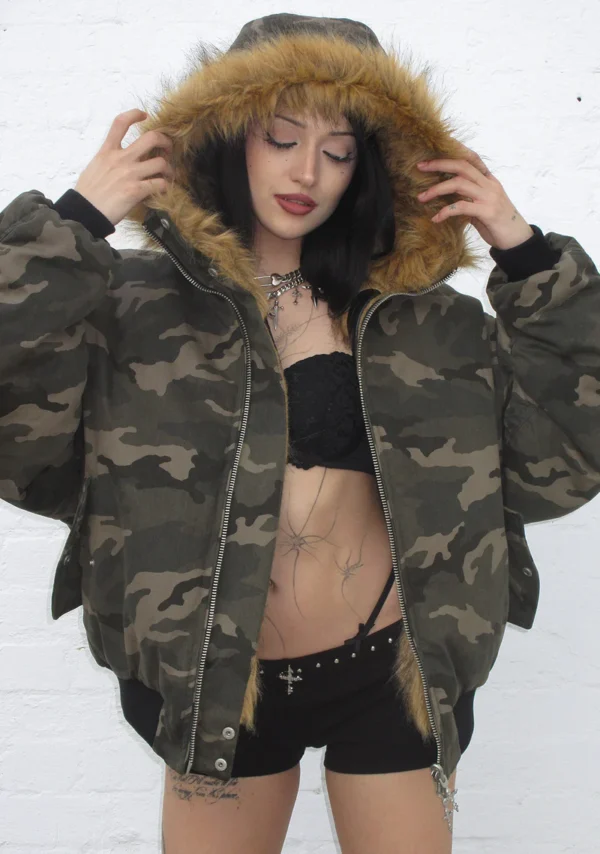Feral Faux Fur Reversible Bomber Jacket Camo And Natural-2