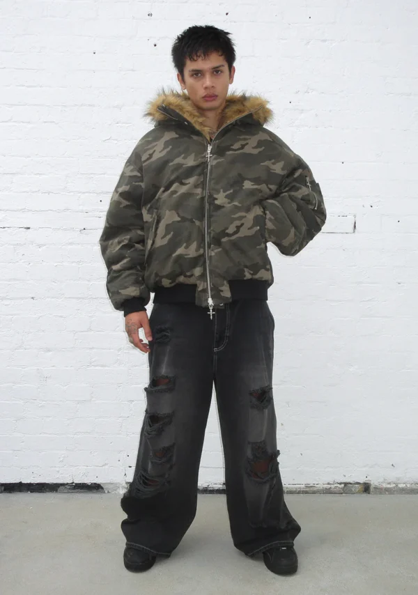 Feral Faux Fur Reversible Bomber Jacket Camo And Natural-4