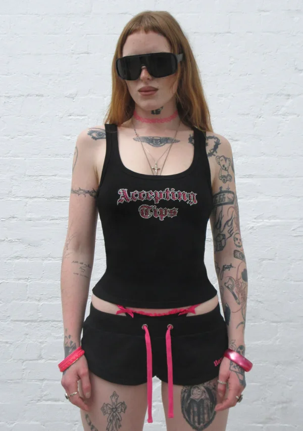 Accepting Tips Rhinestone Micro Racer Shorts Black-4