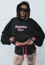Accepting Tips Rhinestone Pullover Hoodie Black-2