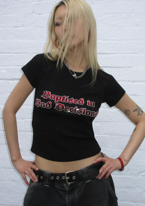 Bad Decisions Rhinestone Baby Tee Black-3