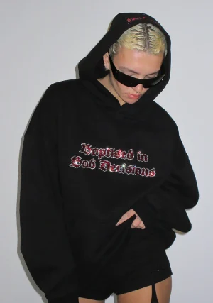 Bad Decisions Rhinestone Pullover Hoodie Black-1