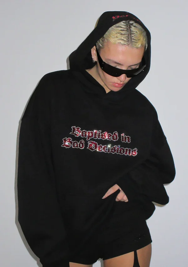 Bad Decisions Rhinestone Pullover Hoodie Black-1