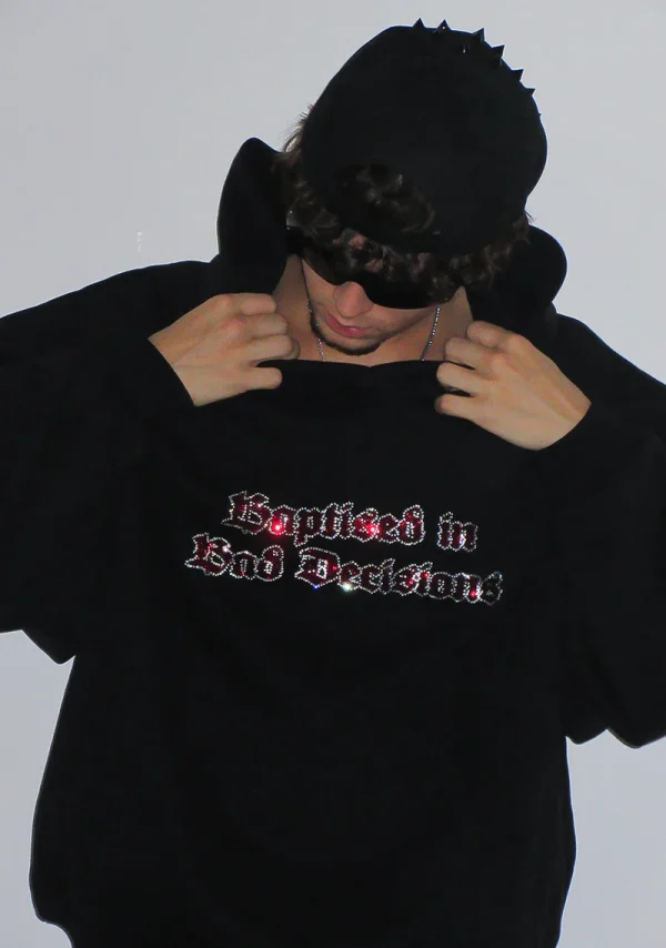 Bad Decisions Rhinestone Pullover Hoodie Black-2