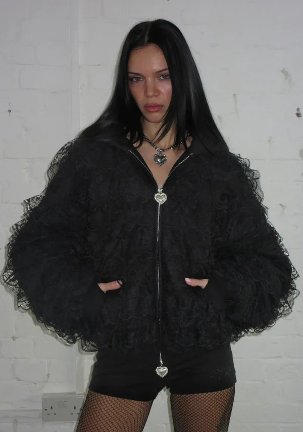 Bad Romance Lace Ruffle ZIP Hoodie Black-1