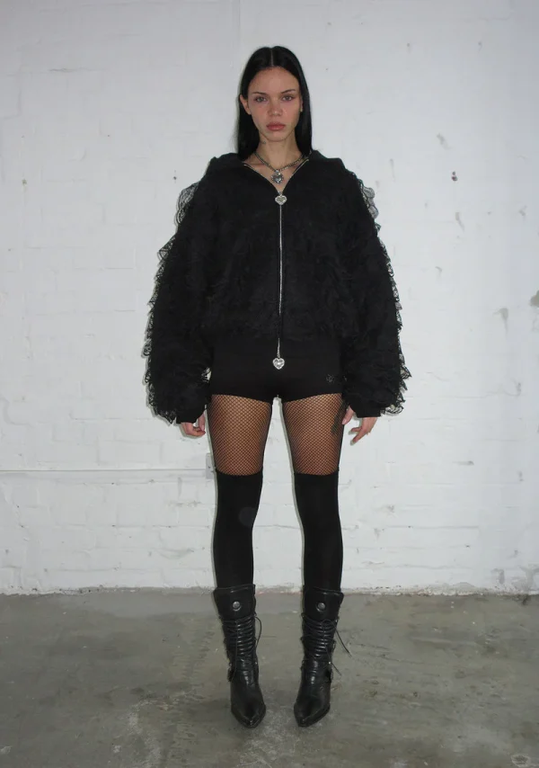 Bad Romance Lace Ruffle ZIP Hoodie Black-3