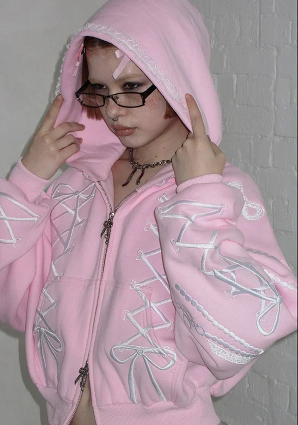 Confessions Embroidered Crop ZIP Hoodie Baby Pink-1