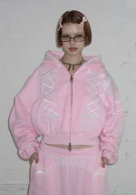 Confessions Embroidered Crop ZIP Hoodie Baby Pink-2