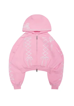 Confessions Embroidered Crop ZIP Hoodie Baby Pink
