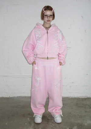 Confessions Embroidered Crop ZIP Hoodie Baby Pink-4