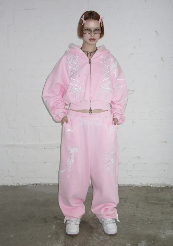Confessions Embroidered Crop ZIP Hoodie Baby Pink-4