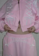 Confessions Embroidered Crop ZIP Hoodie Baby Pink-5