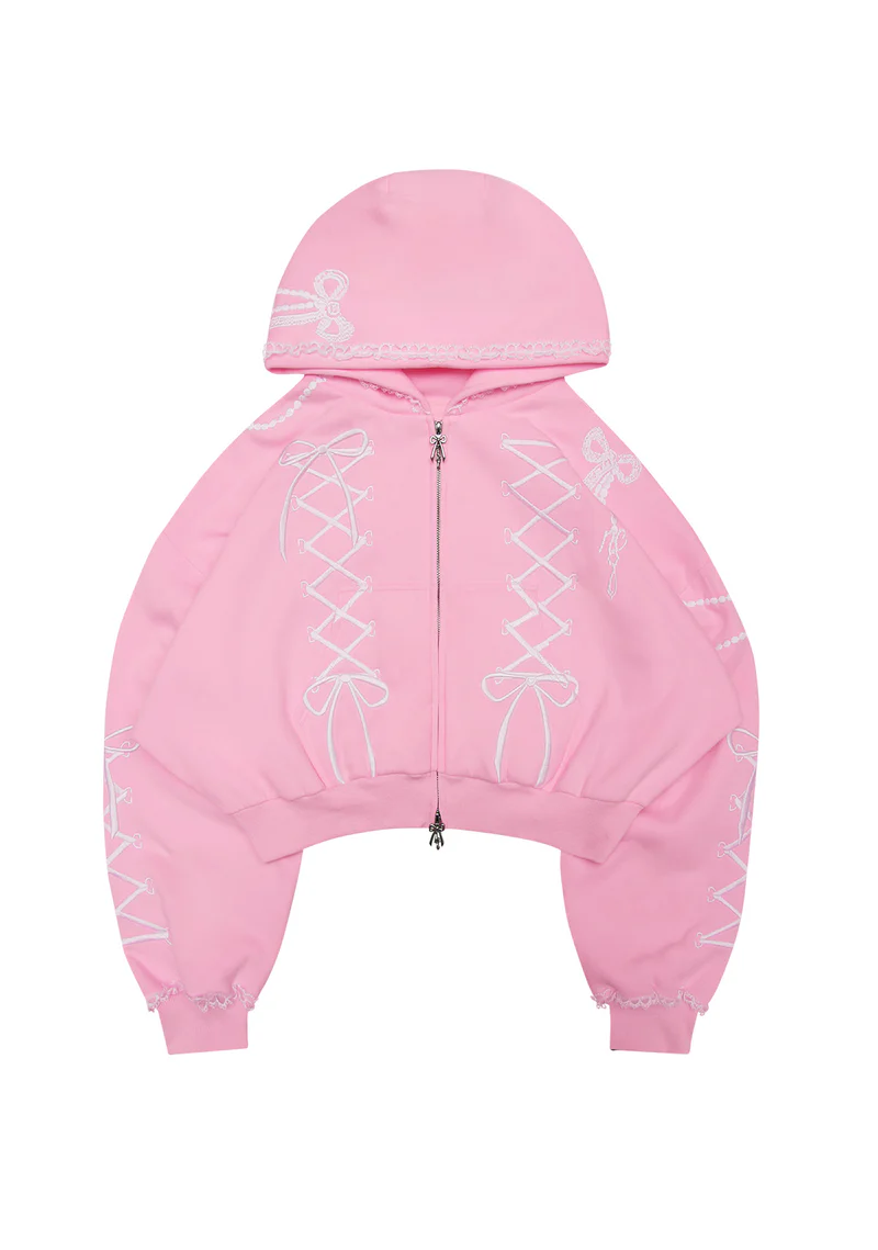 Confessions Embroidered Crop ZIP Hoodie Baby Pink Confessions Embroidered Crop ZIP Hoodie Baby Pink