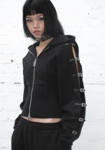 Crush Buckle Fitted Waist ZIP Hoodie Black-2