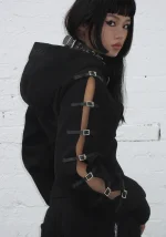 Crush Buckle Fitted Waist ZIP Hoodie Black-4