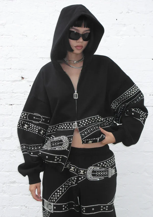 Crush Studded Belt ZIP Hoodie Black-1