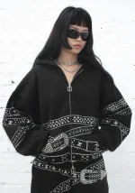 Crush Studded Belt ZIP Hoodie Black-4
