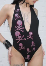 Cryptic Rhinestone Backless Halter Swimsuit Black-1