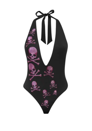 Cryptic Rhinestone Backless Halter Swimsuit Black