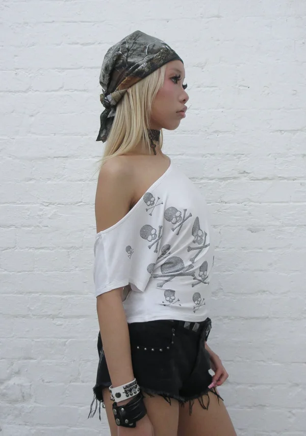 Cryptic Rhinestone Off The Shoulder Top White-3
