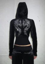 Curse Rhinestone Velour ZIP Hoodie Black-2